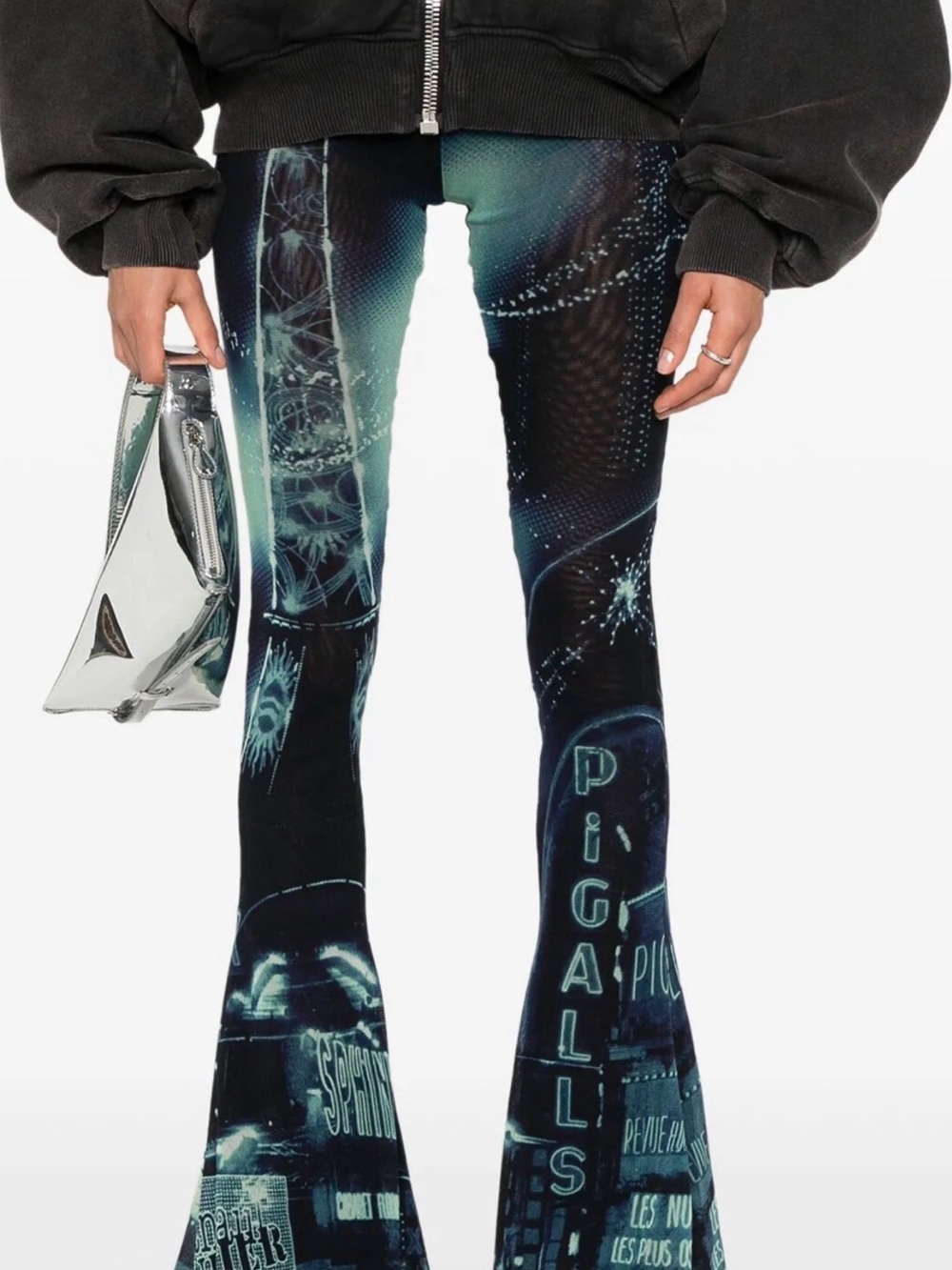 Jean Paul Gaultier Black & Teal Graphic Flared Leggings - Picture 2 of 4
